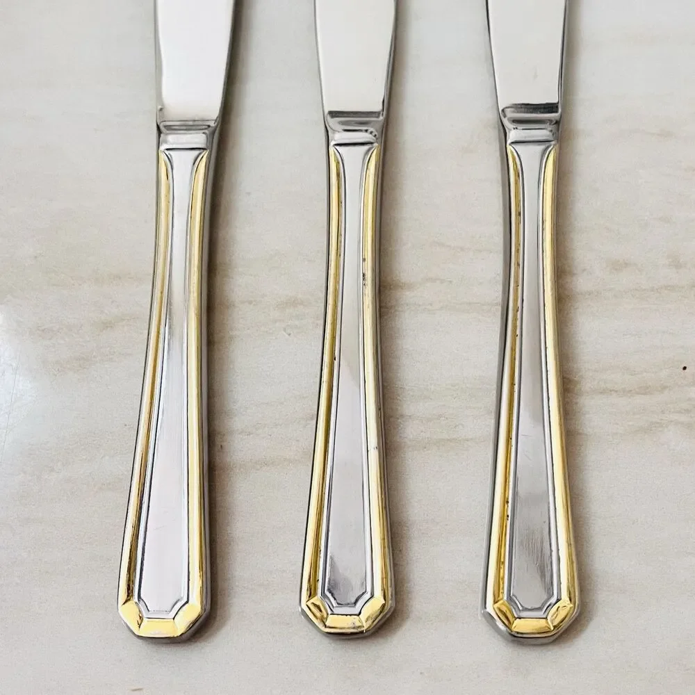 3pc TOWLE Beacon Hill Stainless Gold Accent Dinner Knife 9” Supreme 18/8 Glossy